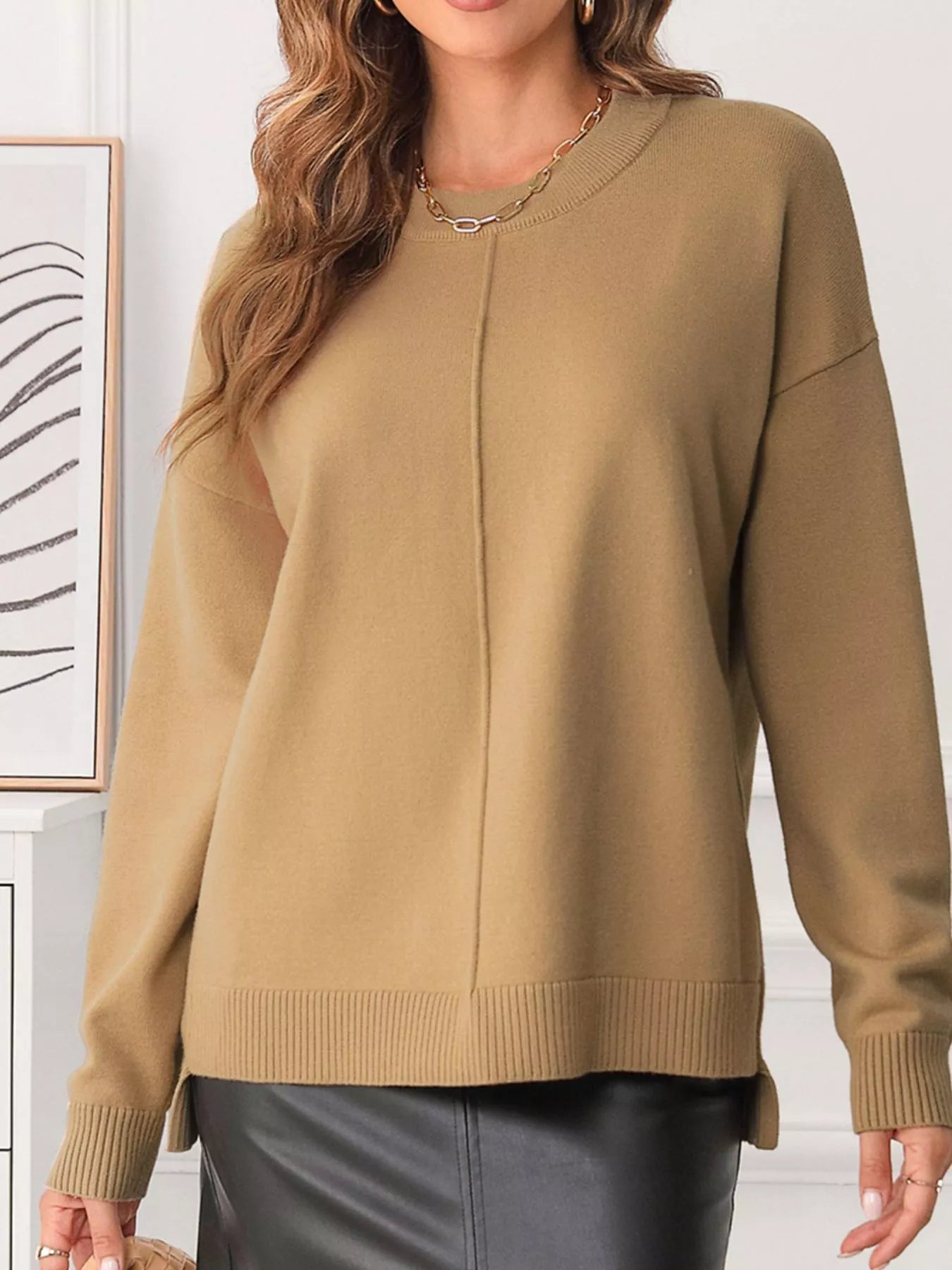 Center Seam Drop Shoulder Pullover Solid Sweater