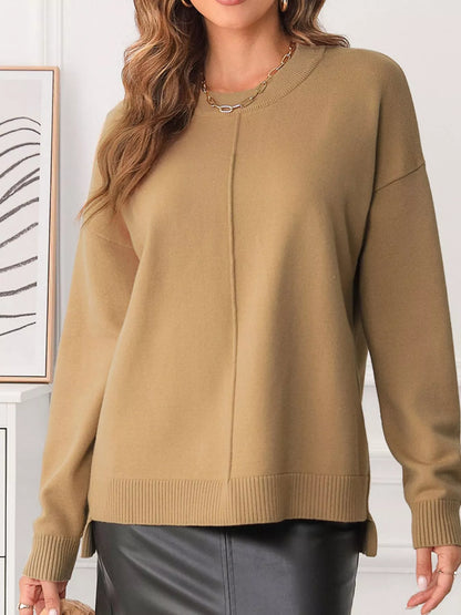 Center Seam Drop Shoulder Pullover Solid Sweater