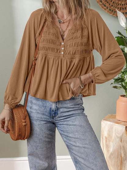 Smocked Buttoned Split V Neck Flow Fit Blouse