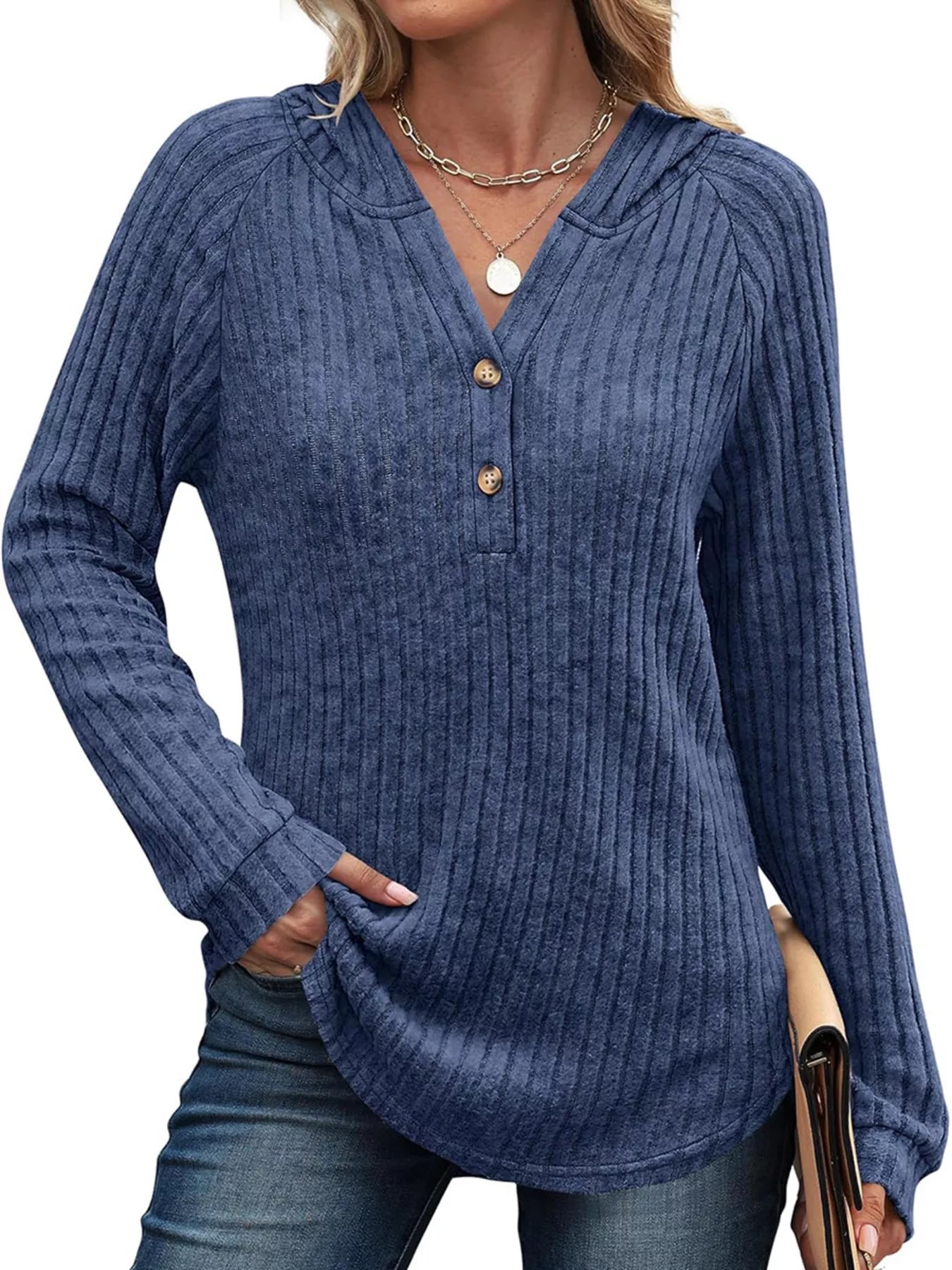 Full Size Ribbed Knit Button Detail Hooded Top Plus Size Navy