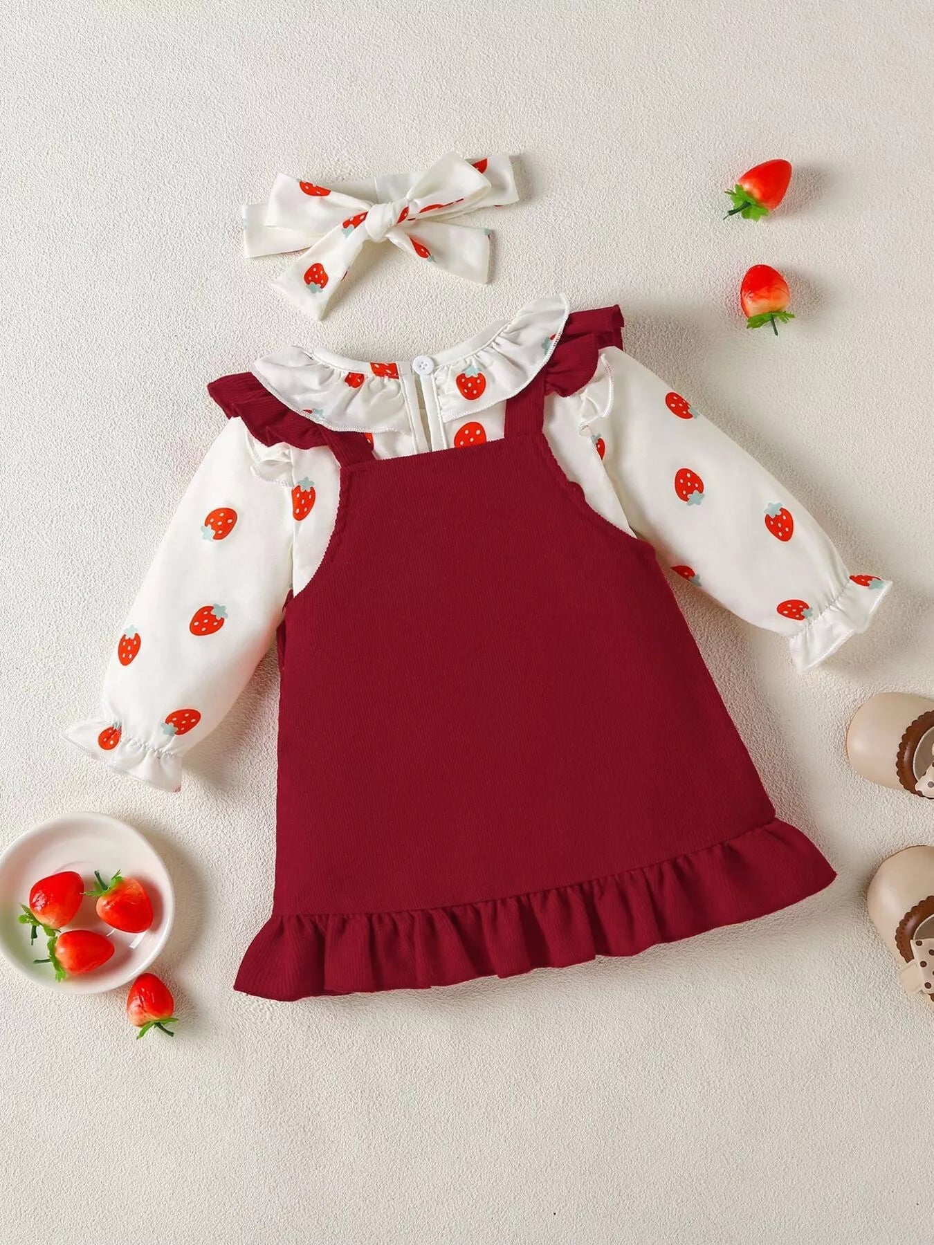 Children's Ruffled Bodysuit and Heart Decor Dress Set with Headband