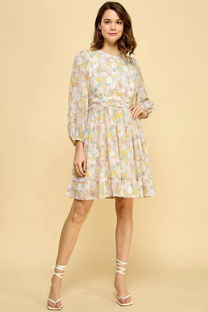 Lime 'N' Chili Chiffon Floral Print Belted Dress with Back Zipper