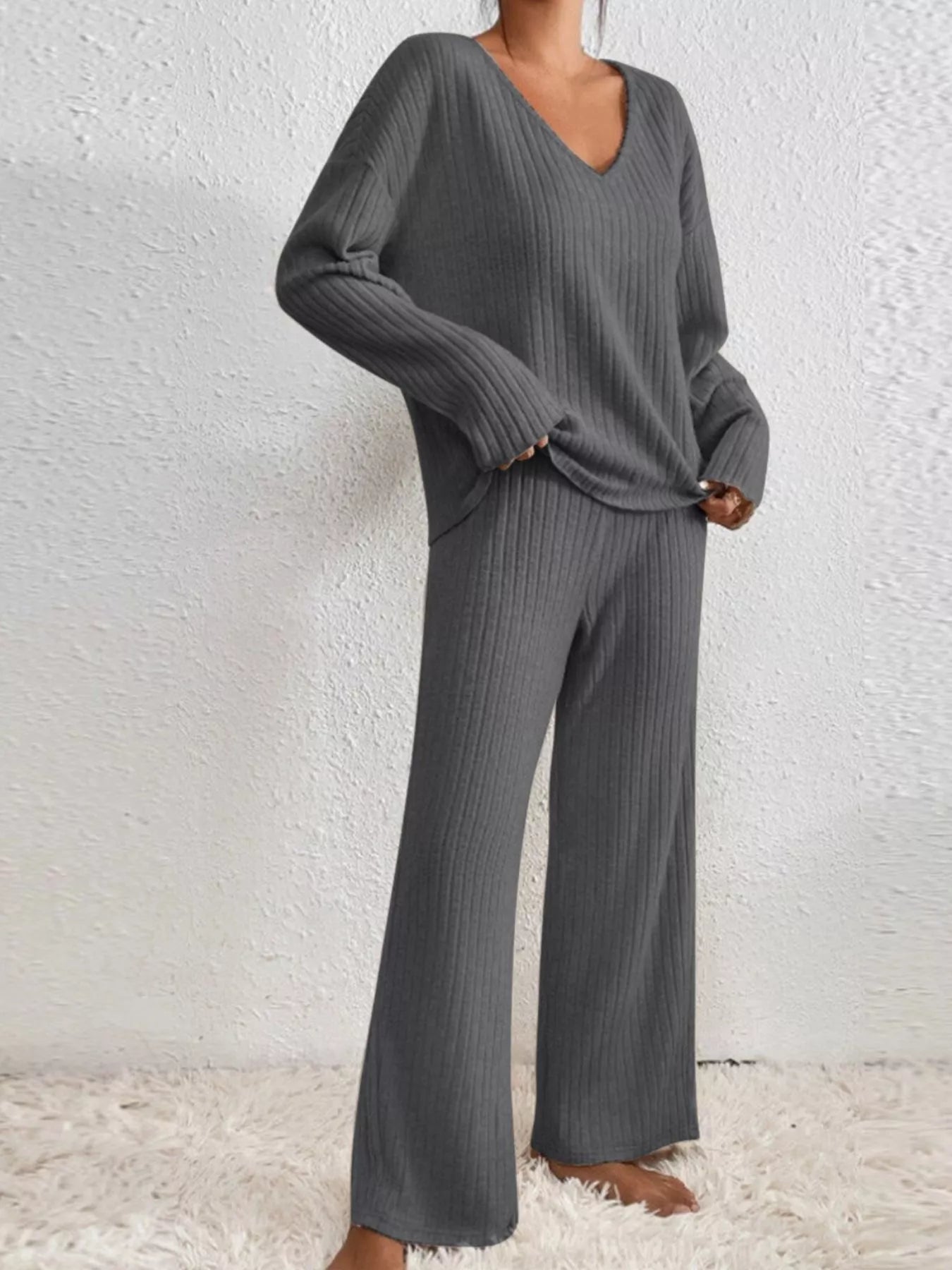 Ribbed V-Neck Top and Pants Set Dark Gray