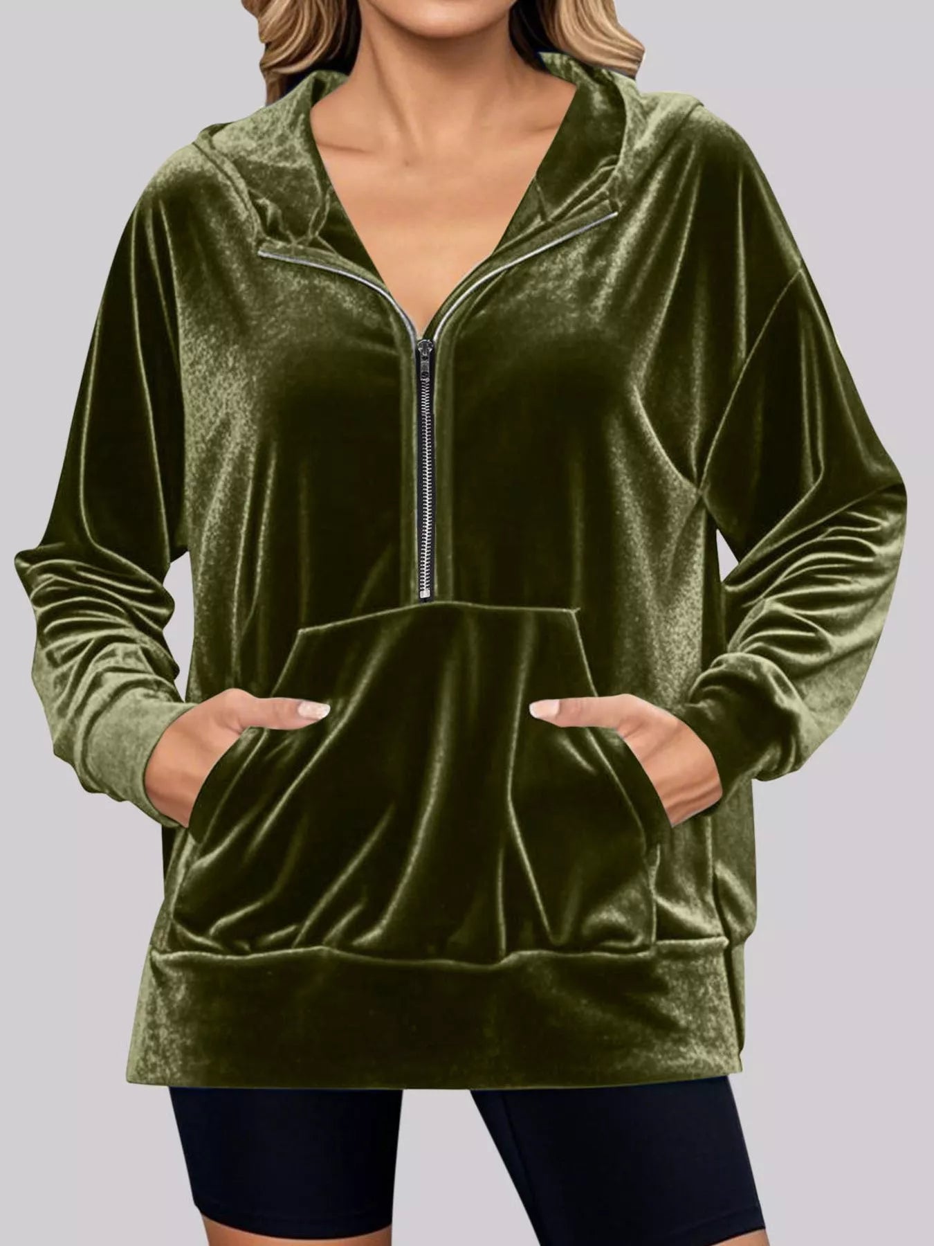 Full Size Half Zip Kangaroo Pocket Hoodie Plus Size Army Green