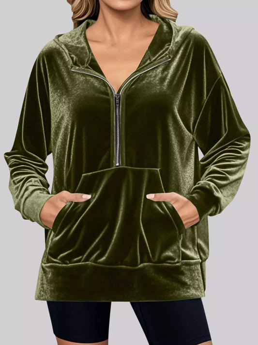Full Size Half Zip Kangaroo Pocket Hoodie Plus Size Army Green