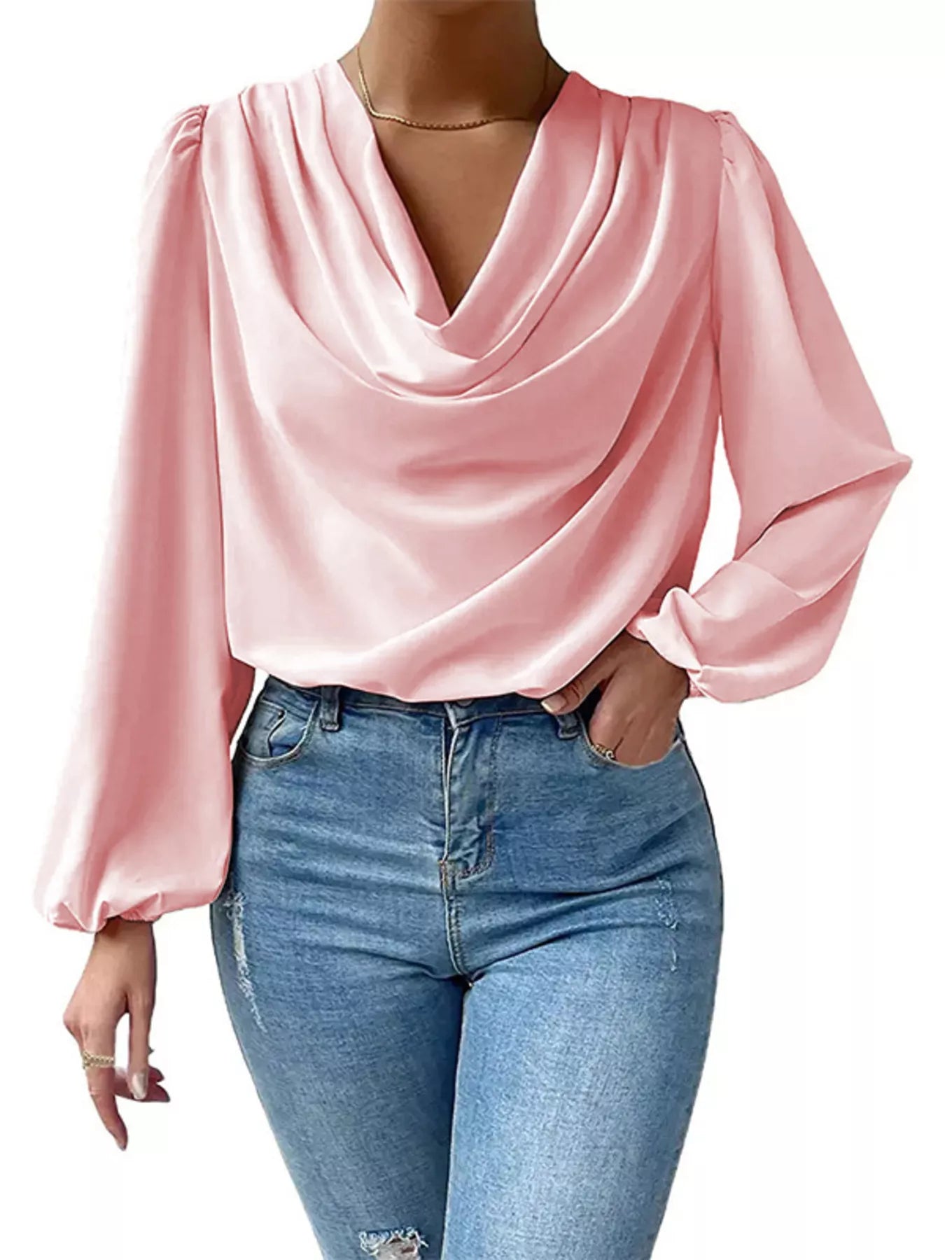 Full Size Cowl Neck Balloon Sleeve Blouse Plus Size Pink