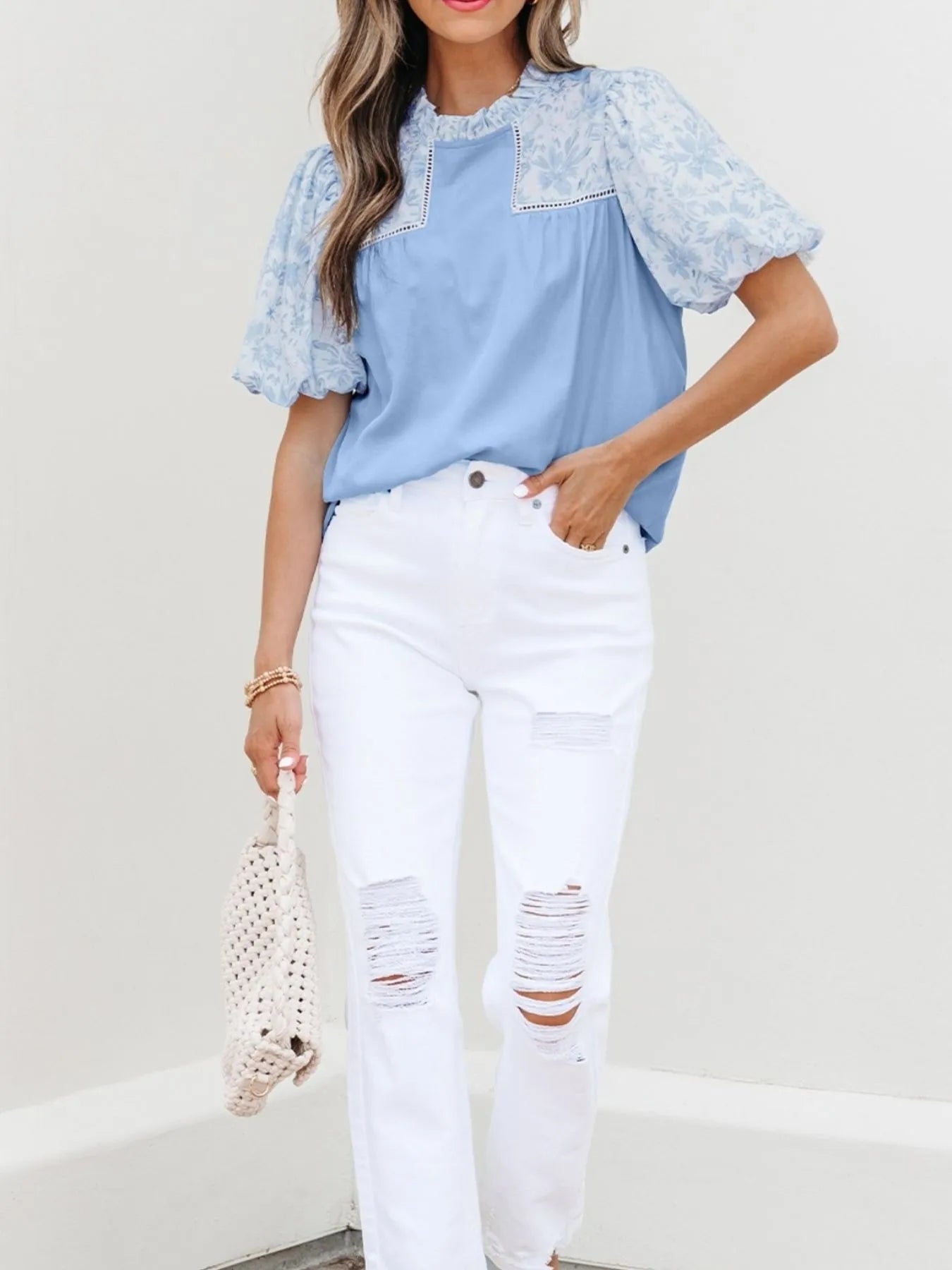 Lace Insert Floral Puff Sleeve Patchwork Loose Blouse Light Blue