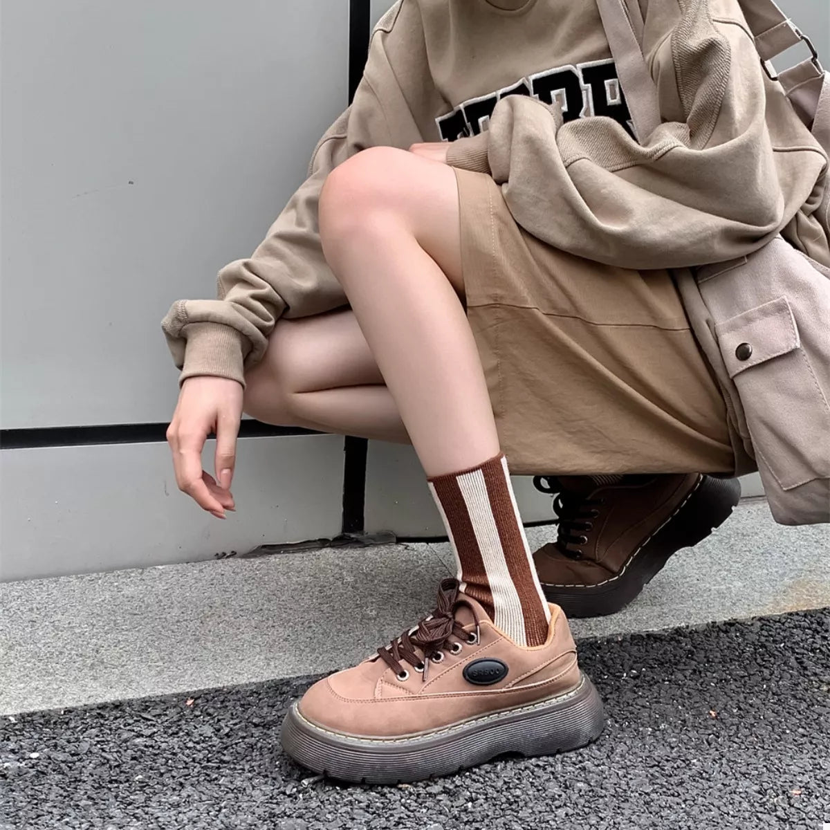 Contrast Striped Crew Socks Chocolate One Size