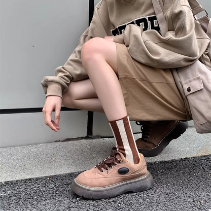 Contrast Striped Crew Socks Chocolate One Size