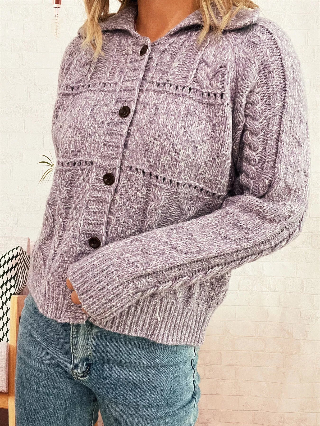 Openwork Cable Knit Button-Up Cardigan Purple One Size