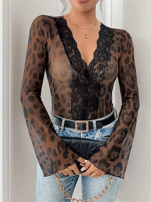 Perfee Leopard V-Neck Lace Bodysuit Brown