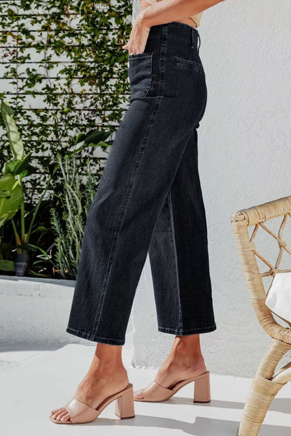 Button Fly Cropped Wide Leg Jeans