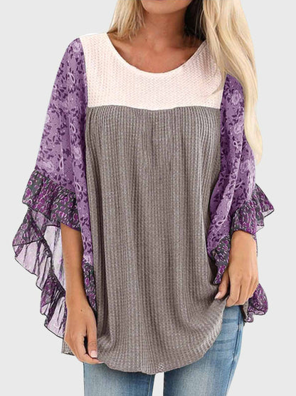 Full Size Printed Round Neck Three-Quarter Sleeve Blouse Mauve