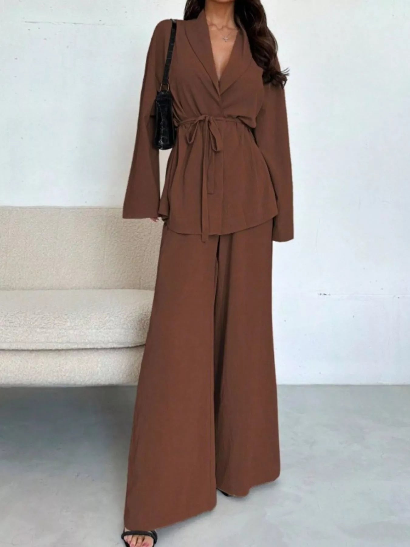 Front Tied Shirt and Wide-Leg Pants Set