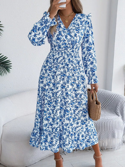Ruffled Floral V-Neck Flounce Sleeve Dress