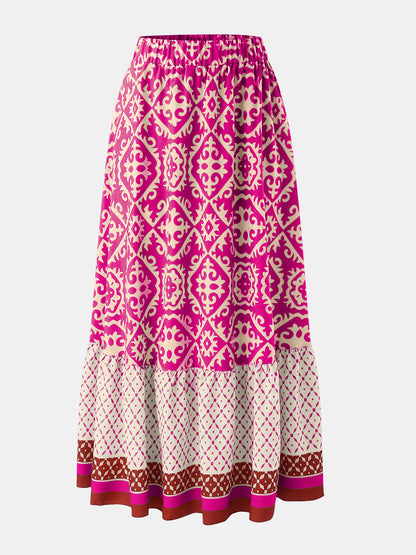 Geometric Elastic Waist Maxi Skirt Hot Pink