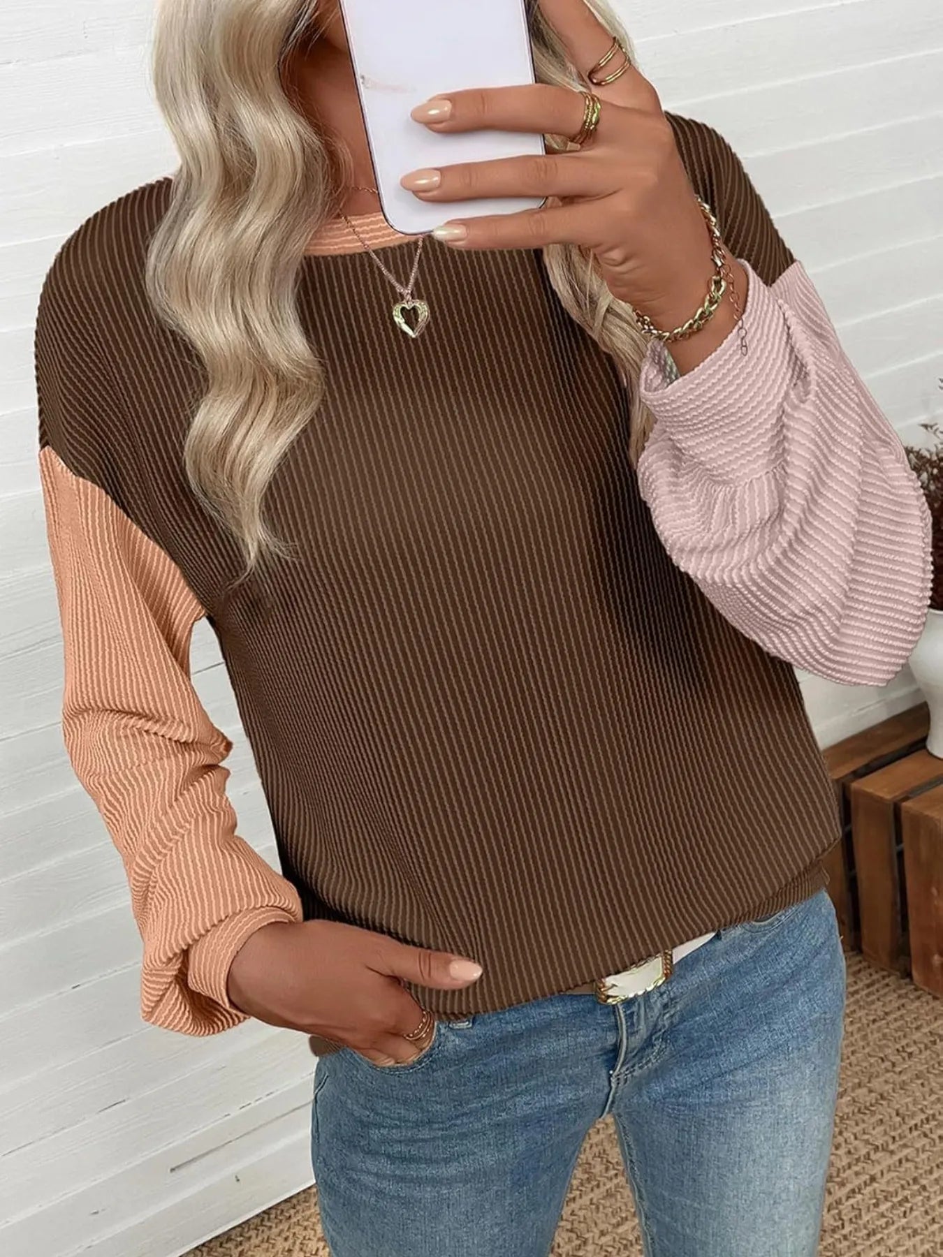 Color Block Ribbed Long Sleeve T-Shirt