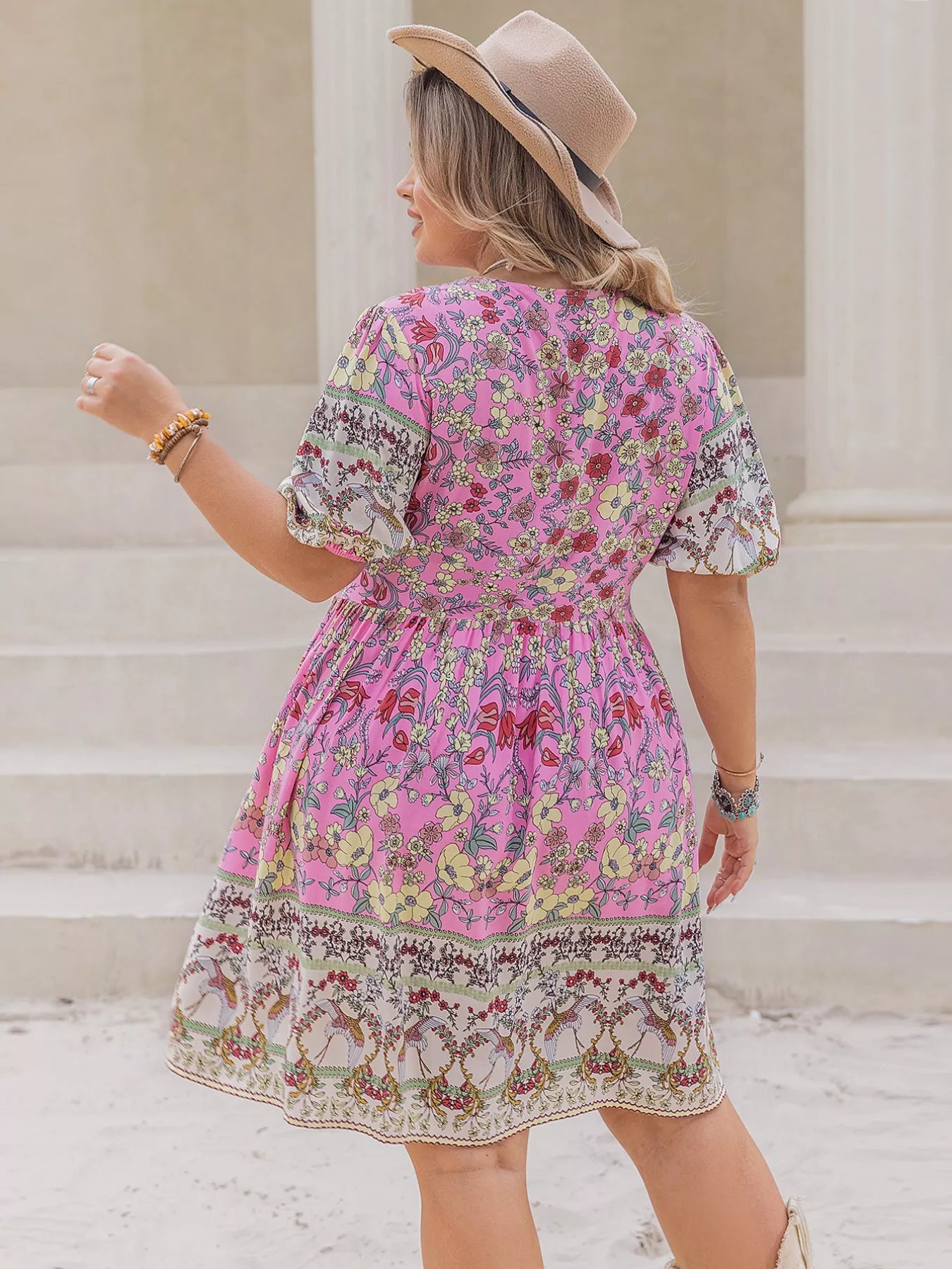 Plus Size Floral Print V-Neck Puff Sleeve Summer Dress