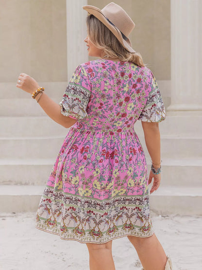 Plus Size Floral Print V-Neck Puff Sleeve Summer Dress