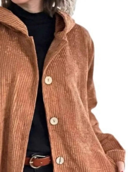 Full Size Corduroy Button Up Hooded Jacket Plus Size