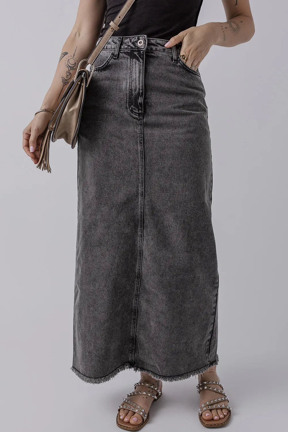 Raw Hem Midi Denim Skirt with Pockets Dark