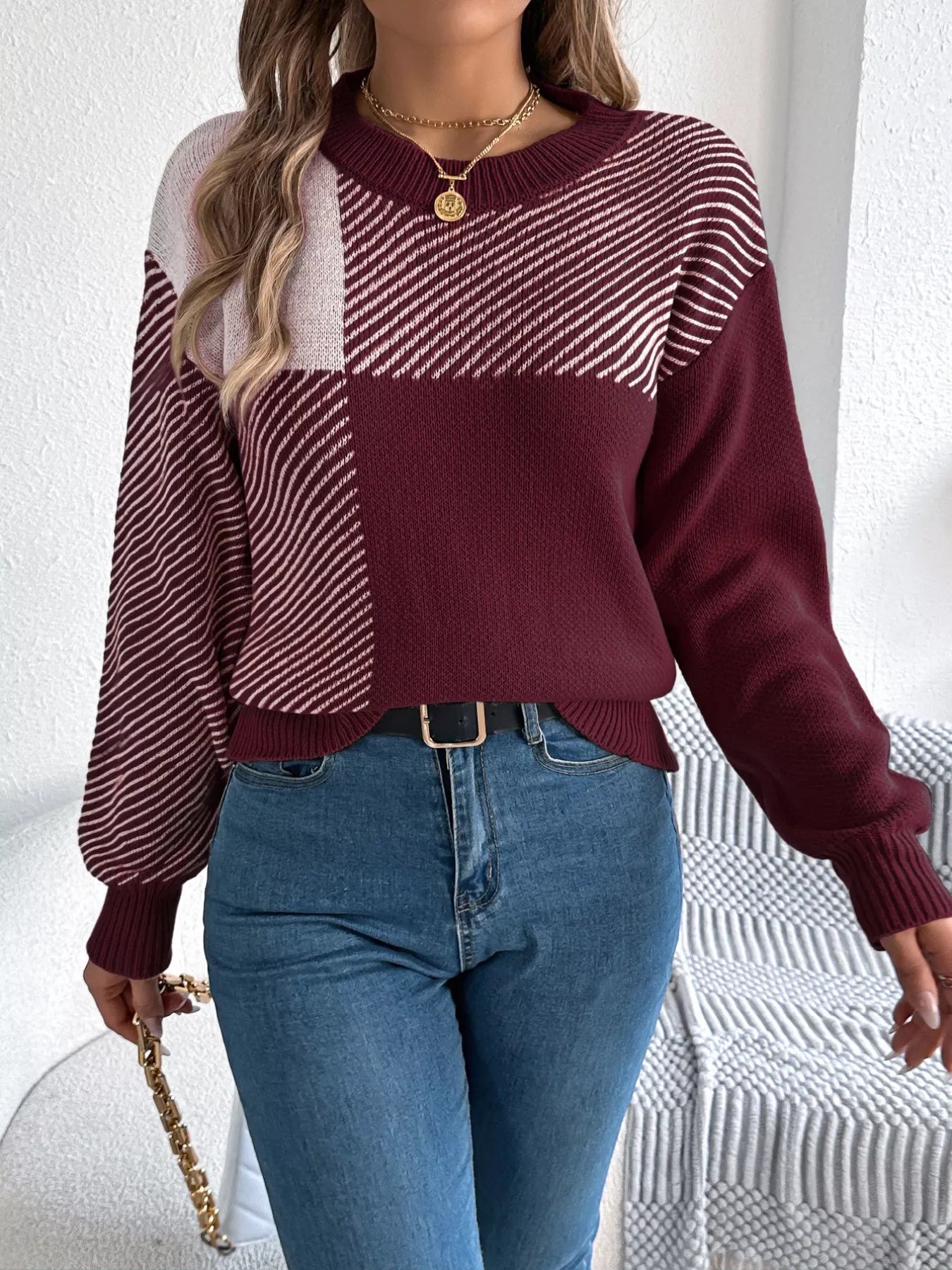 Color Block Striped Round Neck Sweater Burgundy