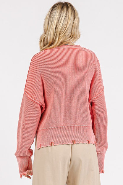 Back To School Sweater - Mittoshop Distressed Hem Round Neck Dropped Shoulder Sweater