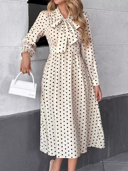 Polka Dot Tie Front Long Sleeve Midi Dress