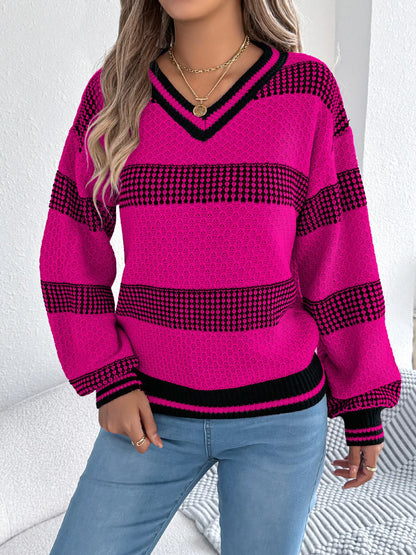 Contrast Striped V-Neck Sweater