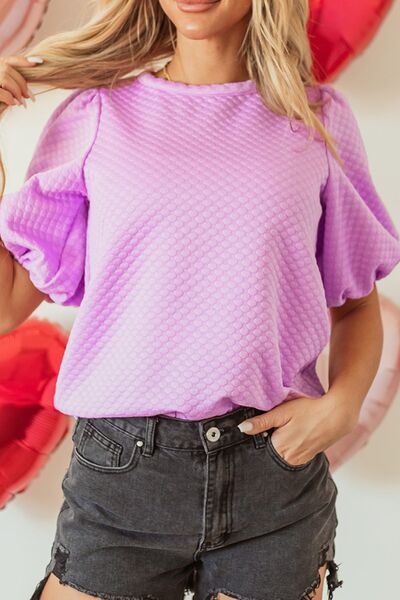Textured Round Neck Puff Sleeve Blouse Pink Purple