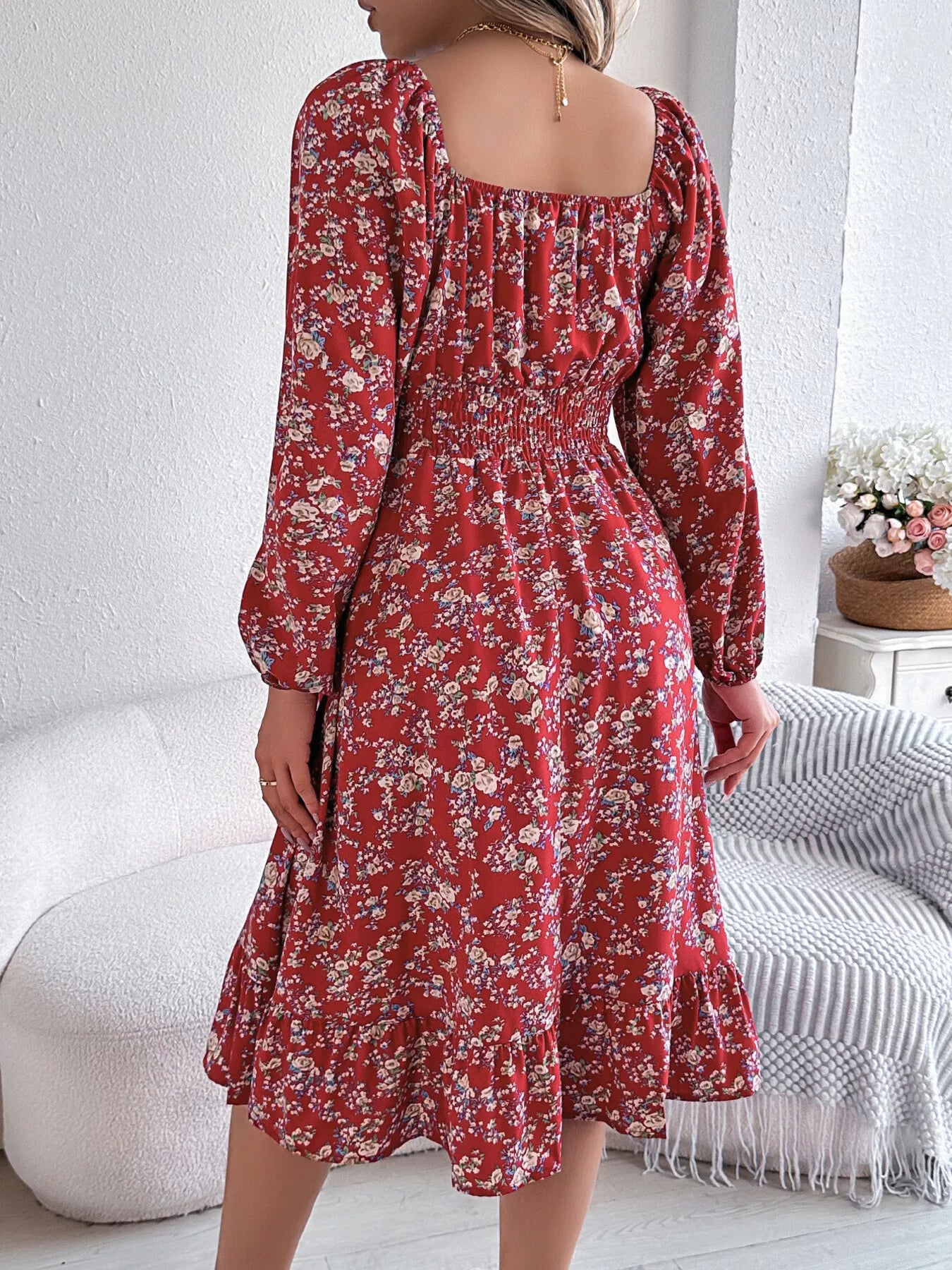 Floral Print Long Sleeve Square Neck Midi Dress
