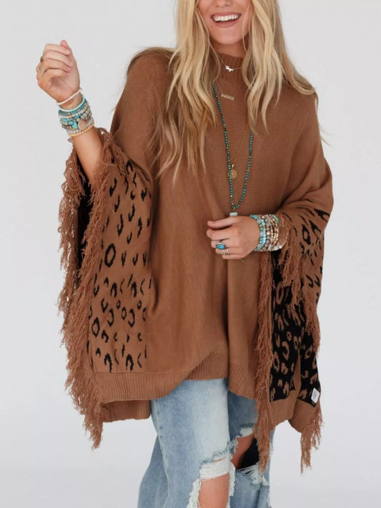 Fringe Leopard Mock Neck Batwing Sleeve Knit Top Brown