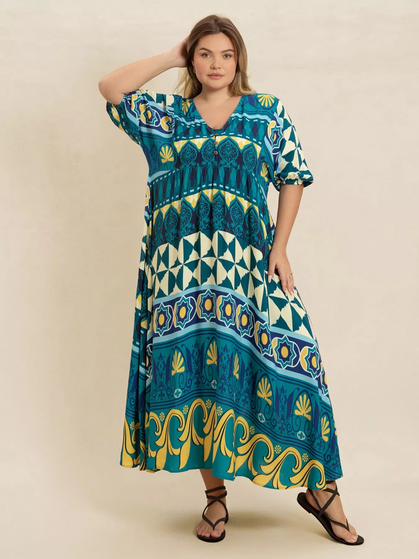 Plus Size Printed V-Neck Half Sleeve Midi Dress