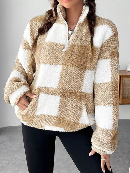 Full Size Plaid Sherpa Long Sleeve Sweatshirt Plus Size Beige