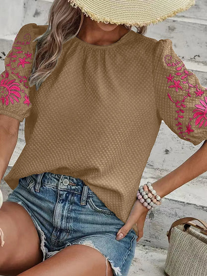 Embroidered Floral Sleeve Textured Blouse Taupe