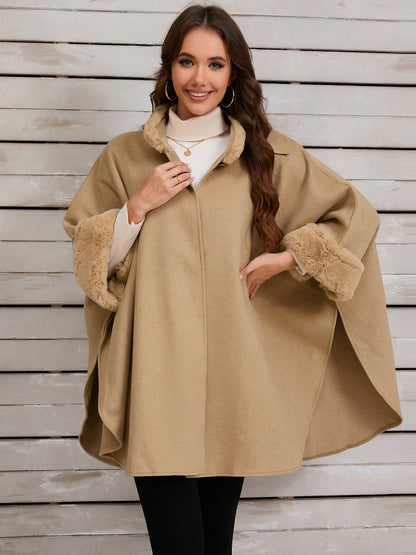 Fuzzy Trim Long Sleeve Poncho Tan One Size