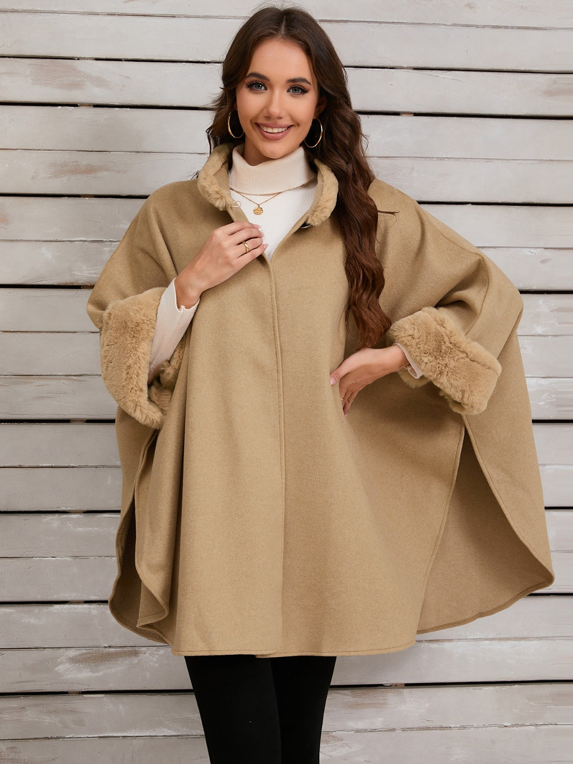 Fuzzy Trim Long Sleeve Poncho Tan One Size