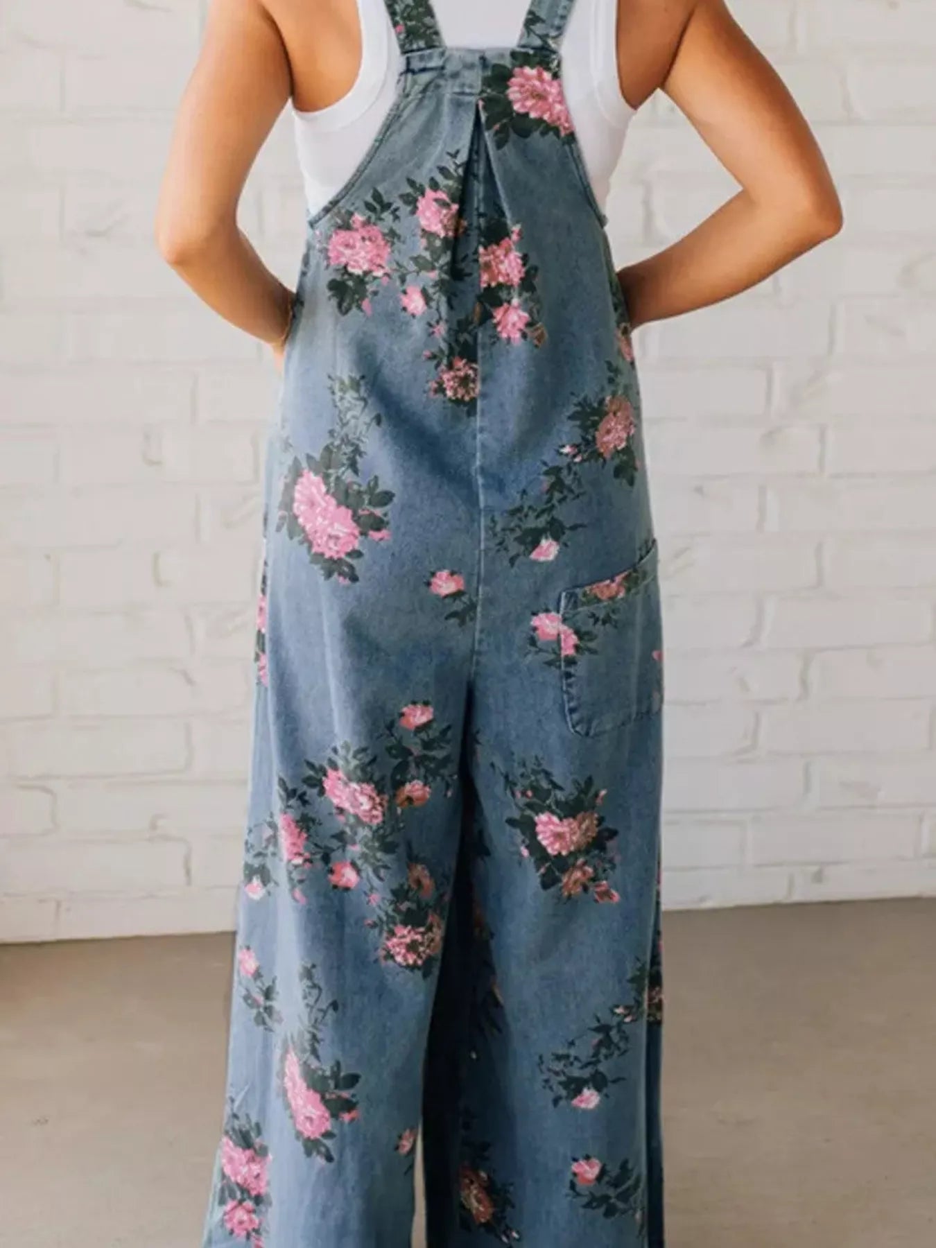 Floral Print Wide Leg Denim Overalls