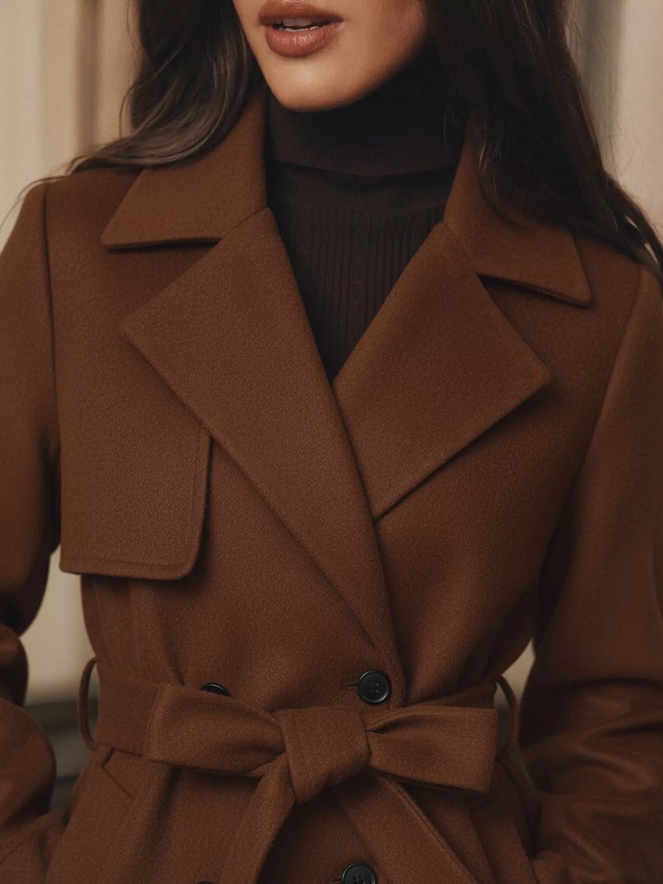 Lapel Collar Belted Wool Blend Coat