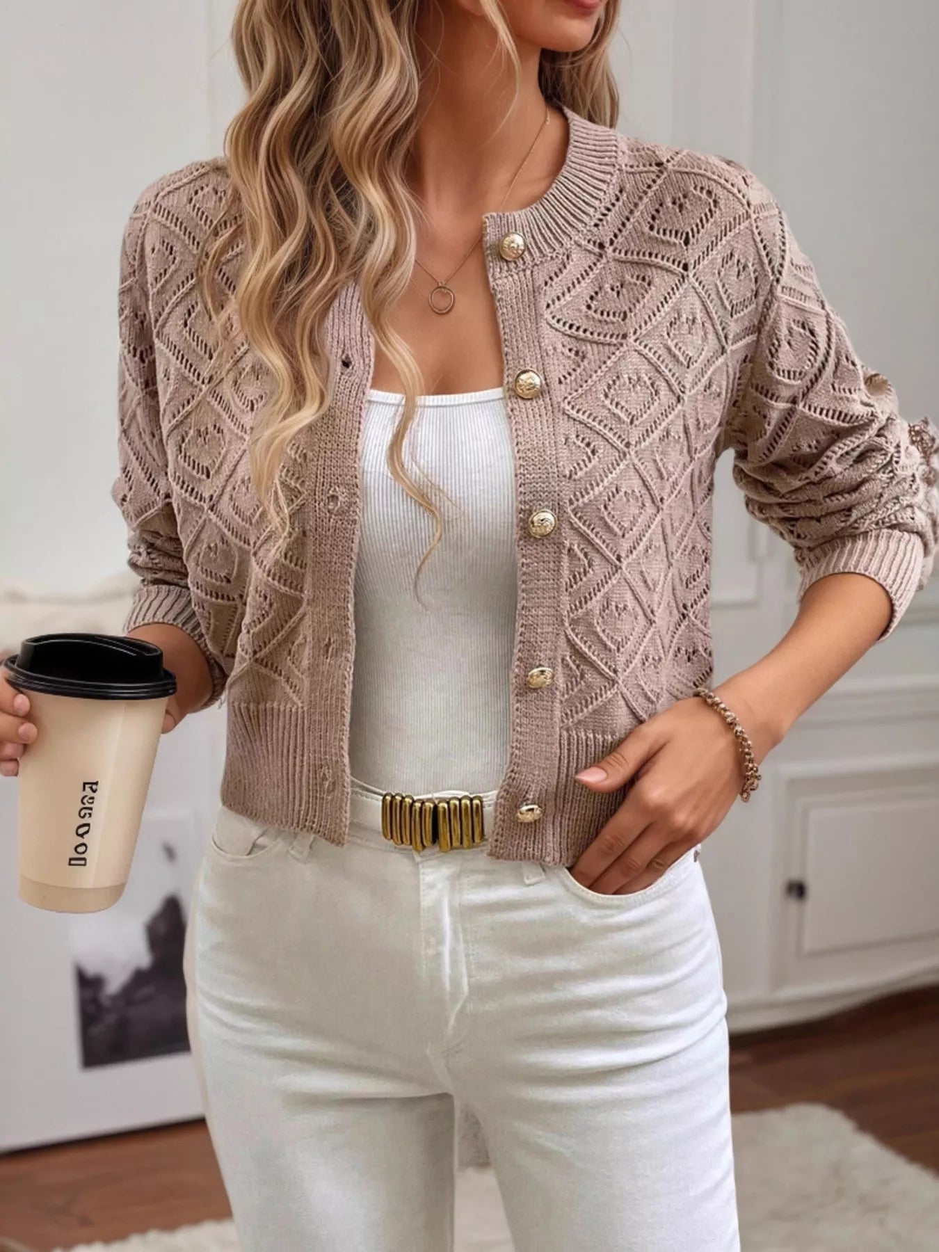Openwork Button Up Long Sleeve Cardigan