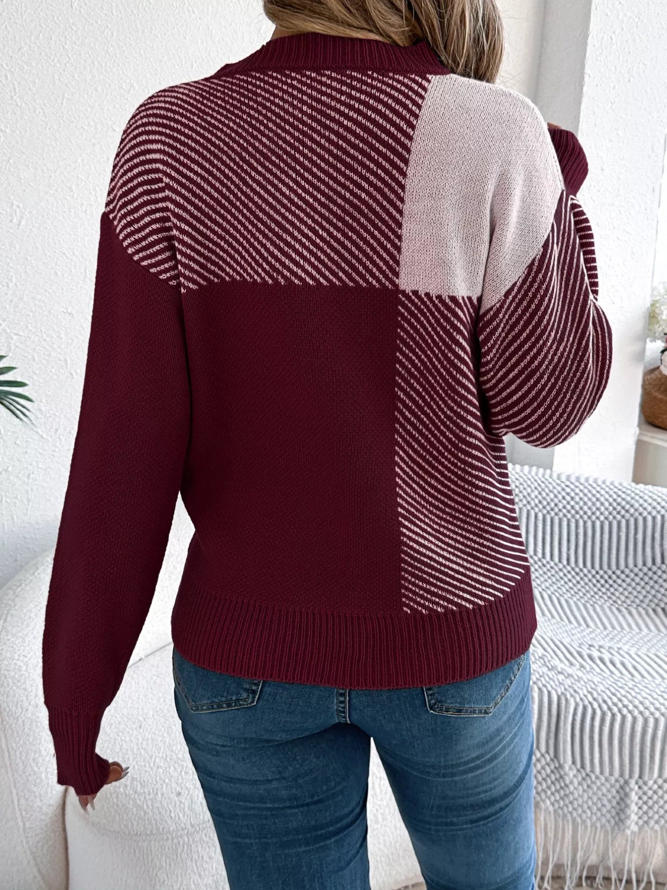 Color Block Striped Round Neck Sweater