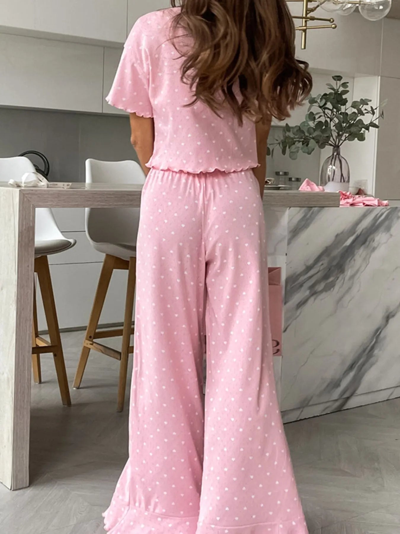 Polka Dot Round Neck Top and Pants Lounge Set Pink
