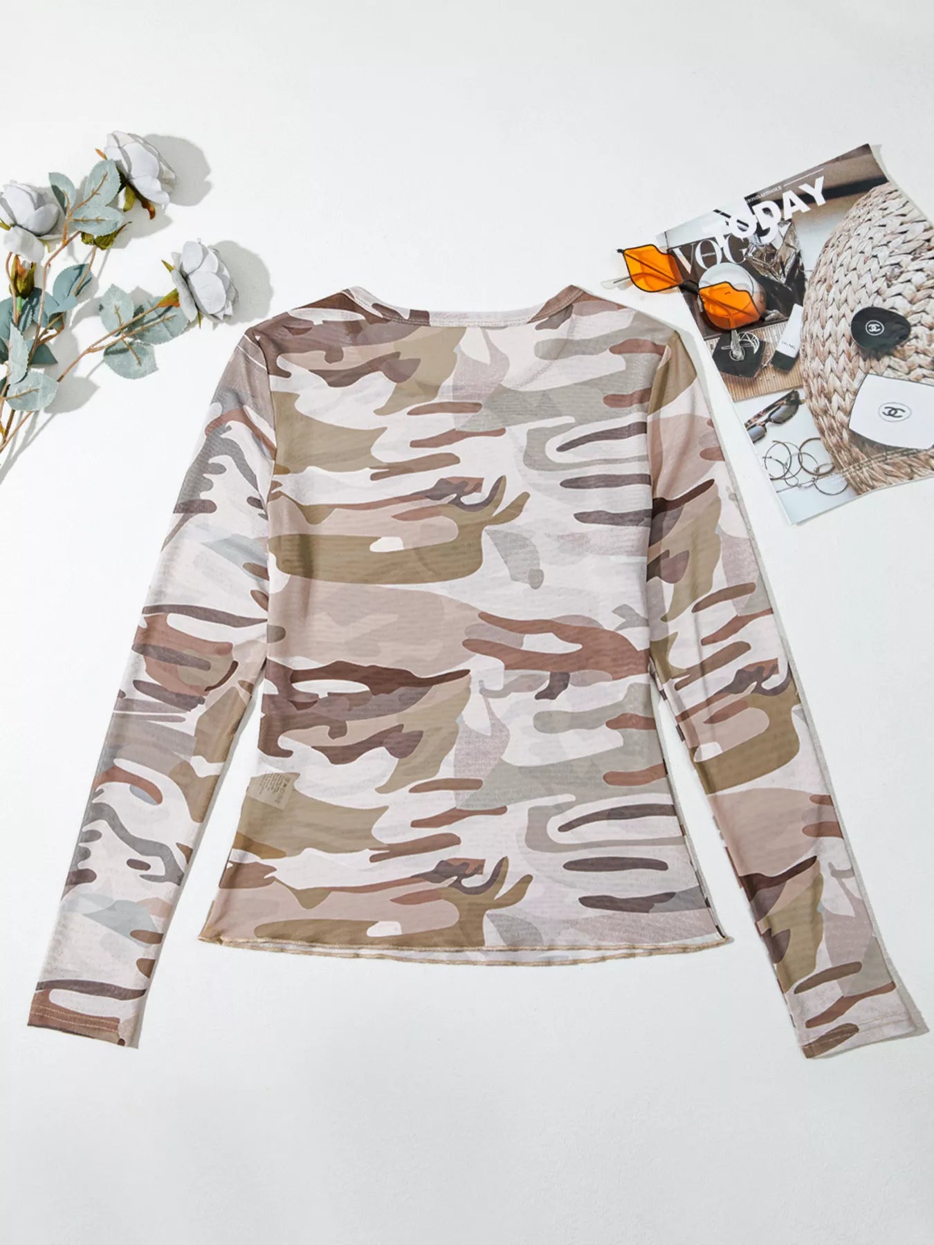 Camouflage Print Mesh Long Sleeve Top
