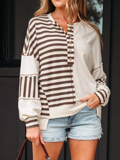 Stripe Stitched Detail Color Block Patchwork Oversized Top Mocha