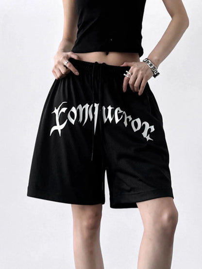 Drawstring Letter Shorts Black