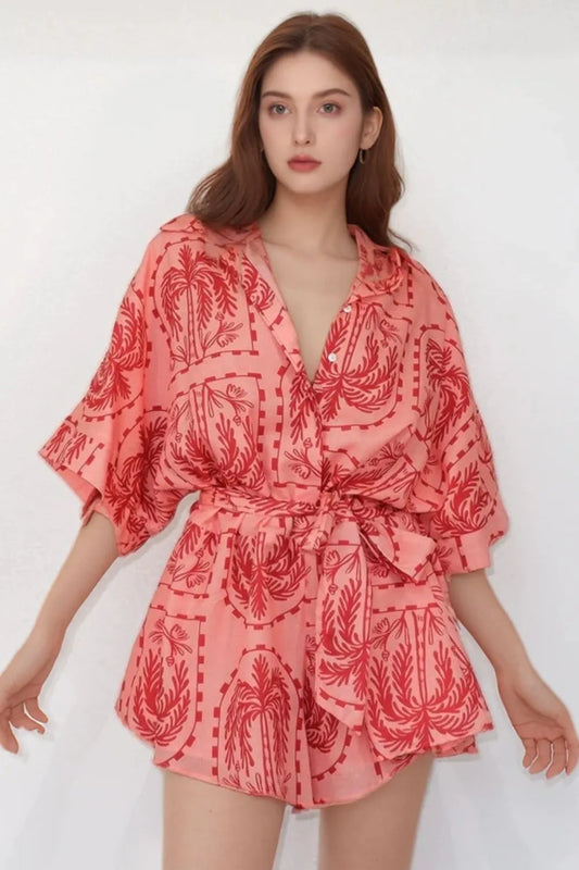 Printed Tie Waist Romper Red
