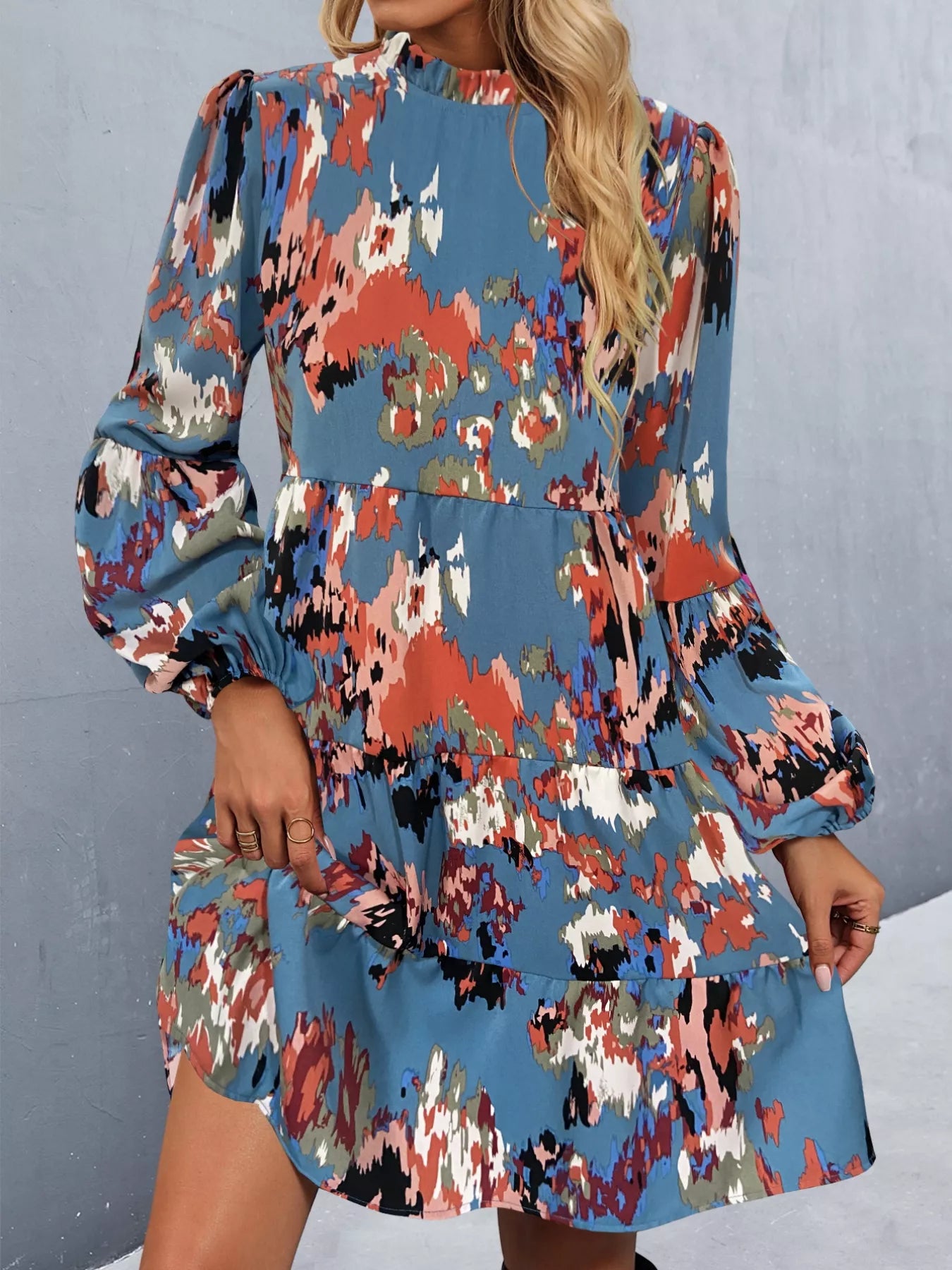 Printed Balloon Sleeve Mini Dress