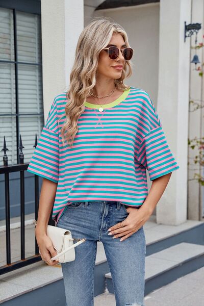Contrast Striped Round Neck Half Sleeve T-Shirt Blue Pink