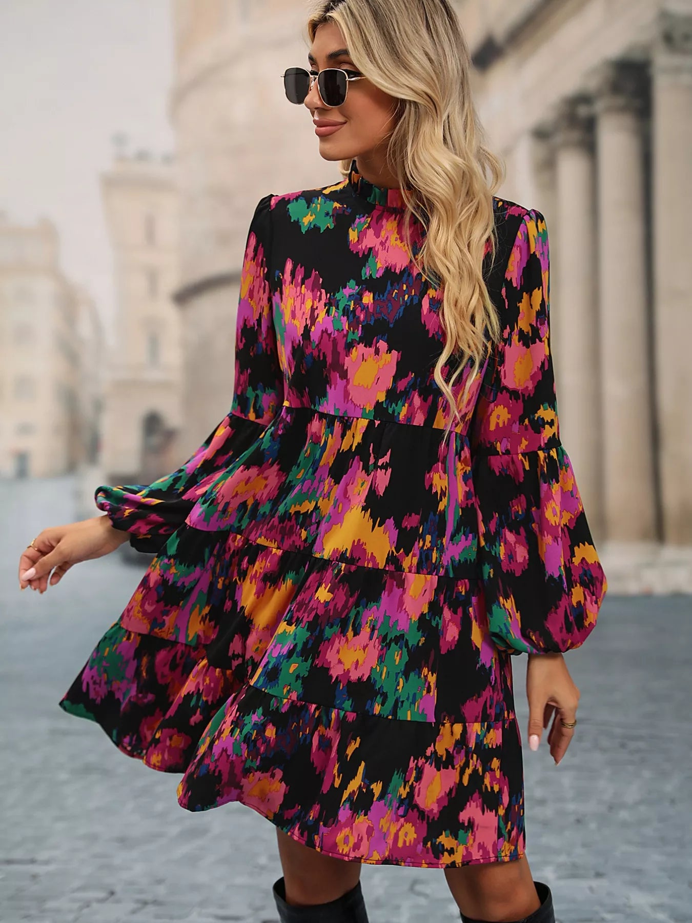 Printed Balloon Sleeve Mini Dress