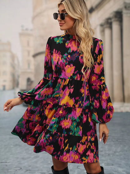 Printed Balloon Sleeve Mini Dress